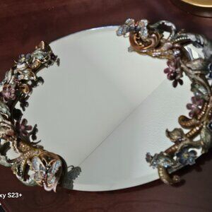 RARE JAY STRONGWATER FLORA & FAUNA CRYSTAL ENAMEL MIRROR VANITY BATH TRAY OBJET